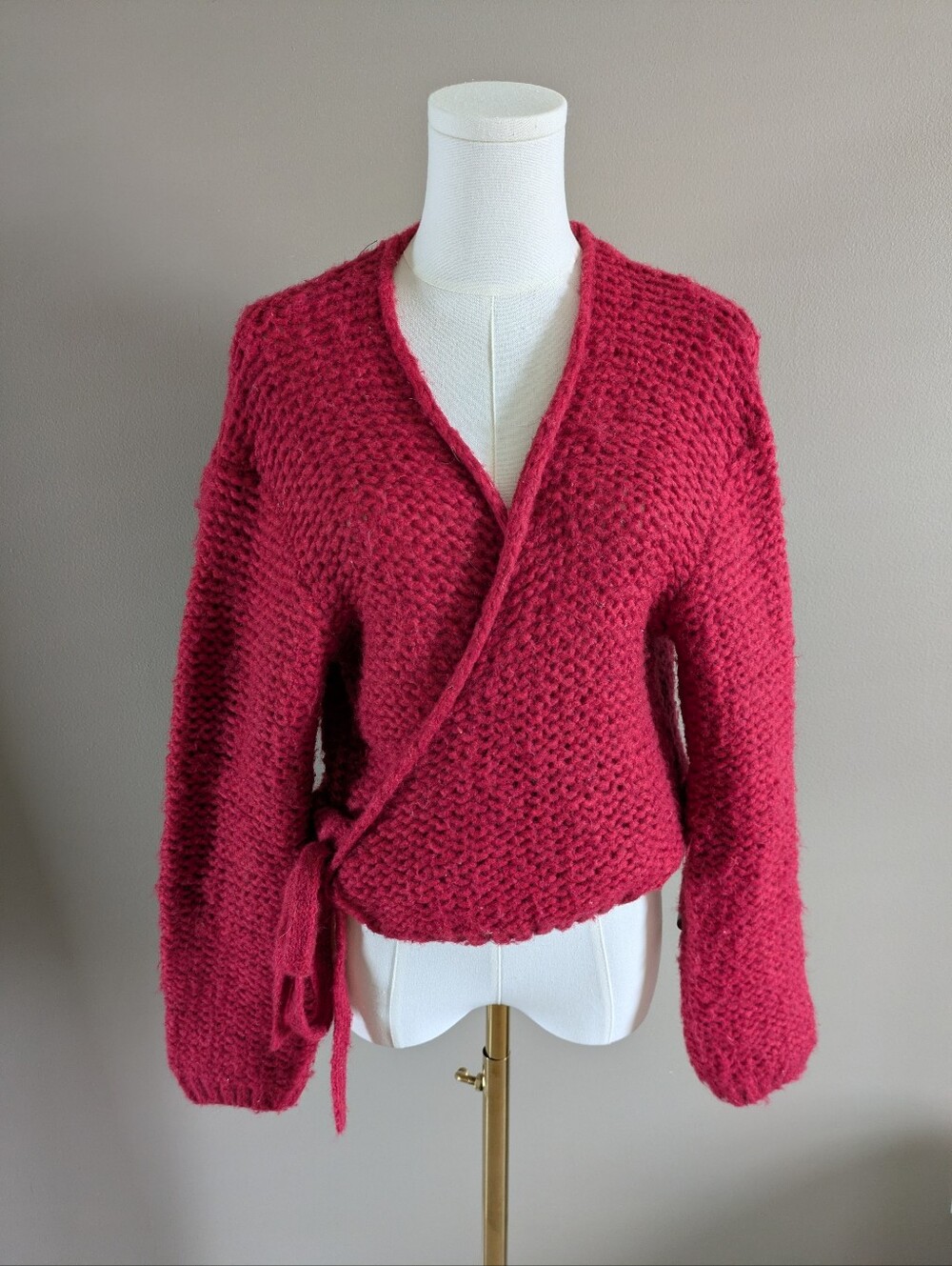 Urban Outfitters Pinkish Red Fuzzy Chunky Kit Long Sleeve Wrap Tie Sweater XS